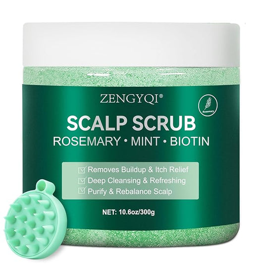 Scalp Scrub, Rosemary & Mint Oil & Biotin Scalp Exfoliator Scrub Shampoo with Silicone Cleansing Massager, Hair Treatment for Itchy Scalp, Dandruff & Buildup Removal & Thick and Strong Hair Growth