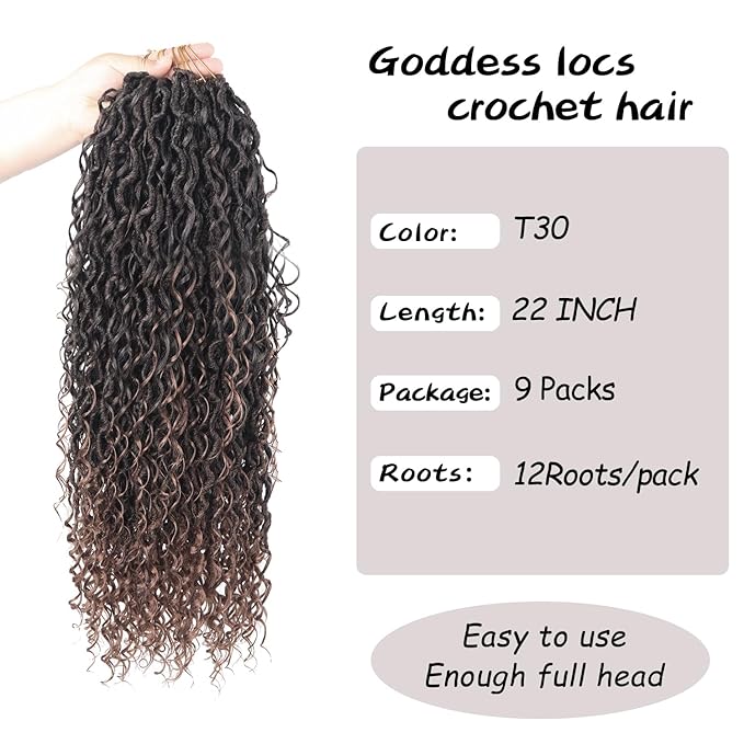 Goddess Locs Crochet Hair 22 Inch 9 Packs Synthetic Faux Locs Crochet Hair for Black Women, River Locs Hair Extensions Style Pre looped Crochet Locs with Curly Ends