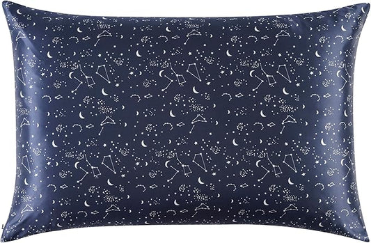ALASKA BEAR Luxury Silk Pillowcase for Beauty Sleep, Genuine 22 Momme Mulberry Silk Pillow Case Slip for Room Decor, Navy Constellation Floral Pattern Printed, Queen Size (1pc, Gift Box)