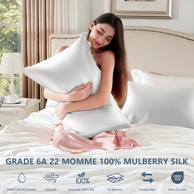 Silk Pillow Cases Queen Size 100% Mulberry Silk Pillowcase for Hair and Skin 22 Momme Both Side Grade 6A Silk Cooling Soft Breathable 20 x 30 Inches with Hidden Zipper 1PC, White