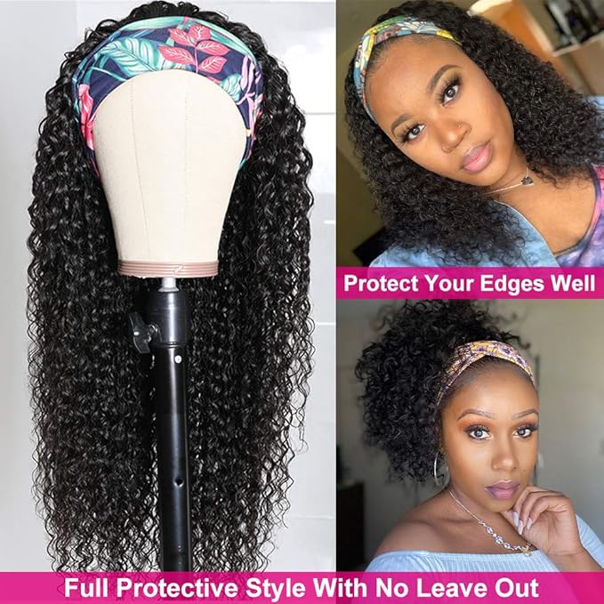 Eooma Curly Headband Wig Human Hair Wigs for Black Women (14 inch) Brazilian Curly None Lace Front Wigs Human Hair Scarf No Gel Gluelees Remy Hair Headband Wig