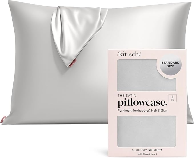 Kitsch Satin Pillowcase with Zipper for Hair & Skin, Softer Than Silk Pillow Cases Queen, Wrinkle-Free, Smooth and Cooling Satin Pillow Covers, Standard Size 19"x26", Silver