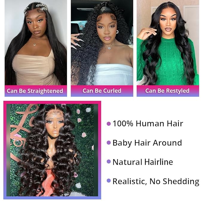 200% Density Loose Wave Lace Front Wigs Human Hair Pre Plucked 360 HD Transparent Lace Wig With Baby Hair - Natural Color (30 Inch)