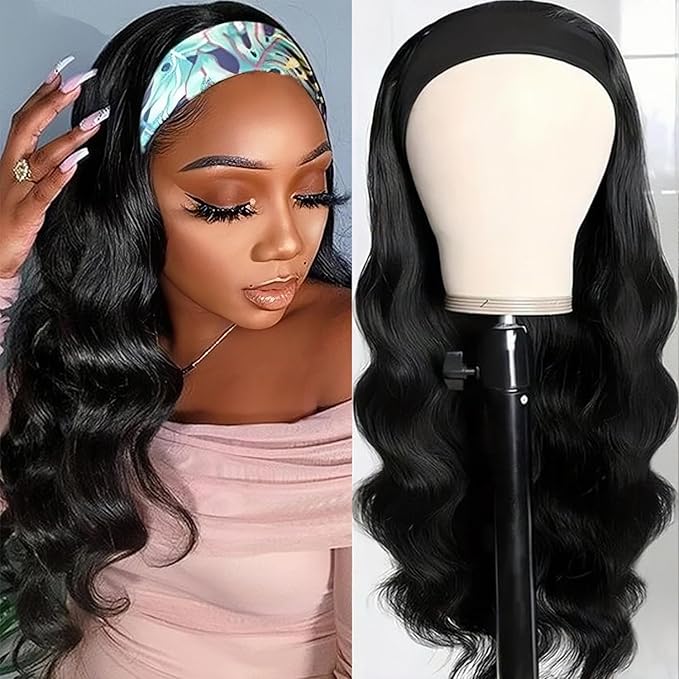 SENSAIRUITE Headband Wig Human Hair Body Wave 22 Inch None lace Front Wear and Go Glueless Headband Wig for Black Women Natural Black Color 180% Density
