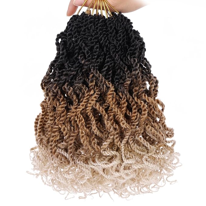 Leeven 8 Inch Senegalese Twist Crochet Hair 8 Packs Ombre Blonde Shrot Pre Looped Wavy Crochet Braids with Curly Ends 3 Tone Hanava Twist Synthetic Braiding Hair for Women Girl Kids #1B/27/613