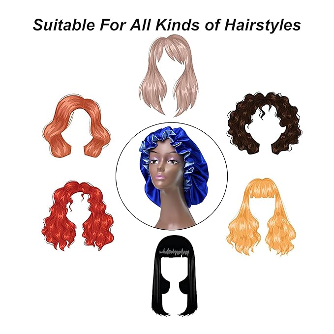 Silk Bonnet for Sleeping Satin Bonnets Double Layer Reversible Hair Cap Bonnet for Women Long Curly Braid Hair (Royal Blue)