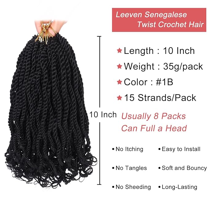 Leeven 10 Inch Wavy Senegalese Twist Crochet Hair with Curly Ends 8 Packs Black Short Pre Looped Crochet Braids Small Hanava Twist Synthetic Middle Crochet Twist for Women Girl Kids