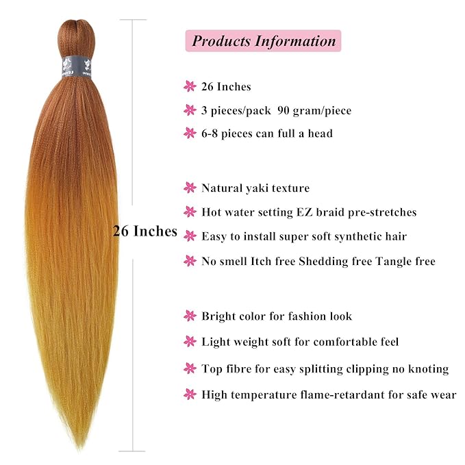 Ombre Braiding Hair Pre Stretched Ginger Golden Box Braids Kanekalo Colored Braiding Hair Extensions for Braiding Knotless Prestretched Pre Sectioned Braiding Hair Ombre 26 inch