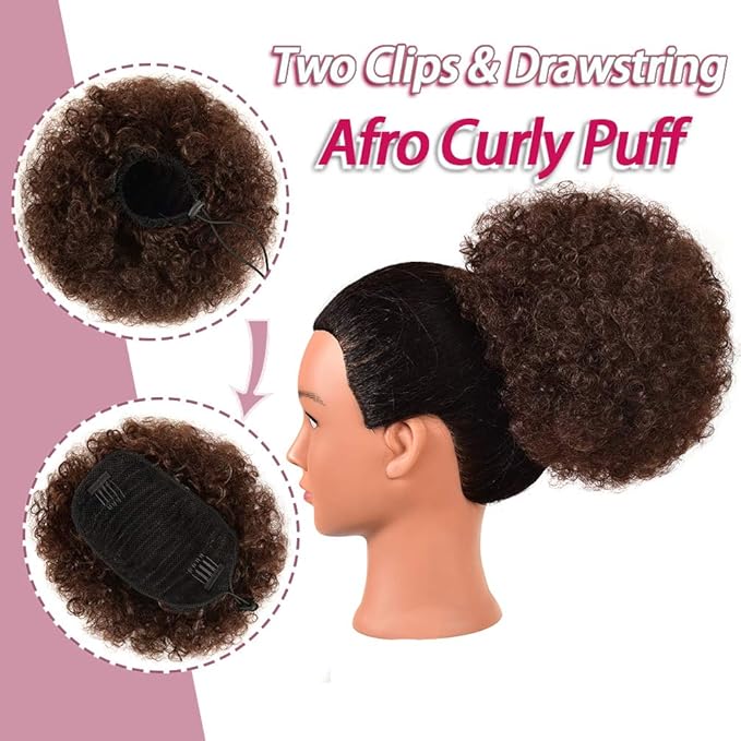 rosmile Afro Puff Drawstring Ponytail Extension for Black Women, Premium Medium Brown #4 80 Gram Short Synthetic Afro Puff Ponytail for Natural Hair, Clip On Kinky Drawstring Curly Ponytail Bun