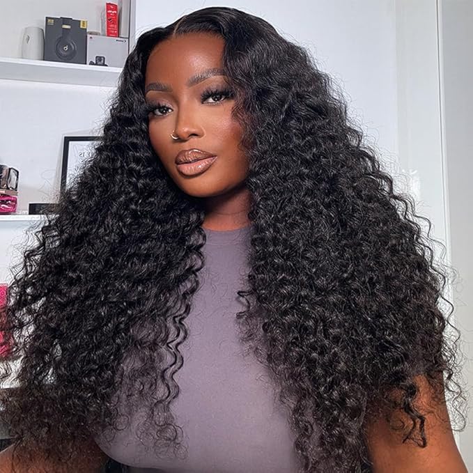 BGM GIRL 9x6 M Cap Water Wave Glueless Wig Human Hair Pre Bleached Tiny Knots Pre Cut HD Lace 180% Density Deep Wave Wear Go Wig Pre Plucked Transparent Lace Natural Black 24 Inch