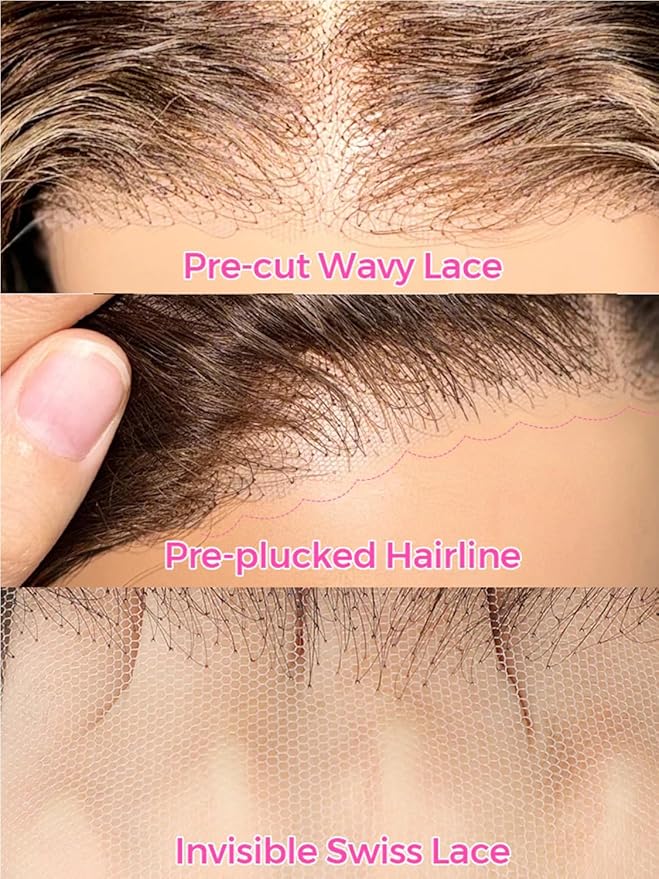 BGM GIRL Highlight Glueless Wig Human Hair 7x5 HD Lace Water Wave Wig 4/27 Color 180% Density Pre Plucked Invisible Knots Pre Cut Lace Wear Go Deep Wave Wigs for Women Beginner Friendly 18 Inch