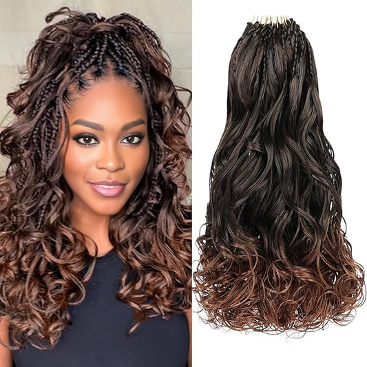 Leeven Boho French Curl Crochet Braids 14 Inch 8 Packs Ombre Brown Pre Looped Curly Crochet Hair Goddess Box Braids Loose Wave Synthetic Hair Extensions for Women Girl