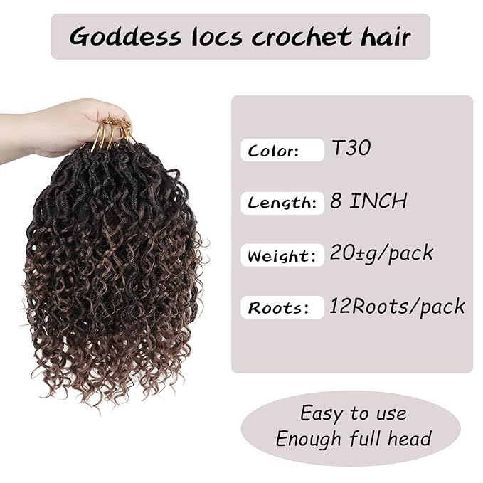 Goddess Locs Crochet Hair,8 Inch 9 Packs Faux Locs Synthetic Crochet Hair for Black Women, Boho Style Pre looped crochet with Curly Ends