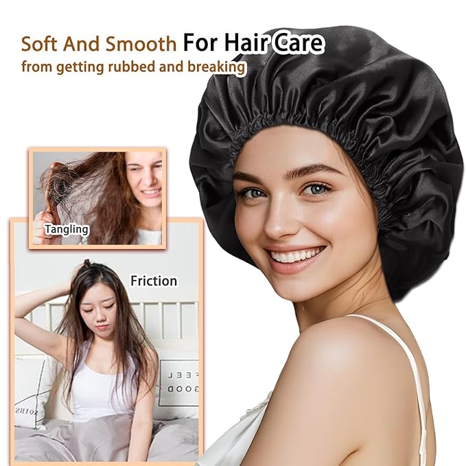 2 Pack silk bonnet for sleeping women-Double Layer Adjustable Sleep Cap-Soft and Silk Hair Bonnet for Curly Hair Protection-(Black & Teal)
