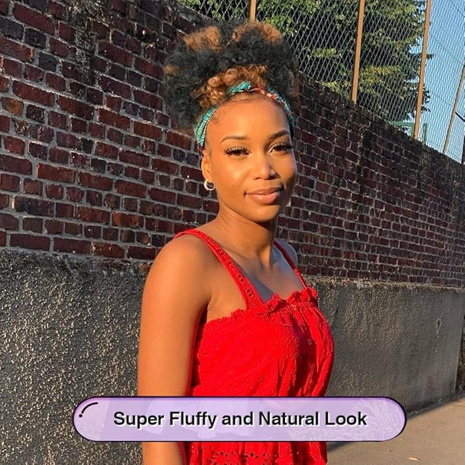 YEAME Afro Puff Drawstring Ponytail for Black Women, Short Kinky Curly Afro Ponytail Synthetic Hair Puffs, Premium Ombre Brown Afro Bun Drawstring Ponytail for Women Girls (1BH630 Ombre Brown)