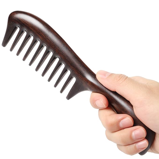 Onedor Handmade Black Sandalwood Hair Combs - Anti-Static Scented Wood Comb for Natural Hair Detangling (Extra Wide Tooth)