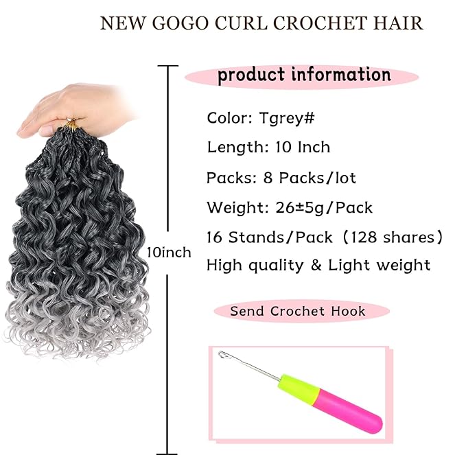10 Inch Gogo Curl Crochet Hair 8 Packs Natural Black Ocean Wave Crochet Hair Deep Twist Pre-looped Goddess Box Braids Short Curly Water Wave Synthetic Braiding Hair for Women (16Strands/pack Tgrey#)