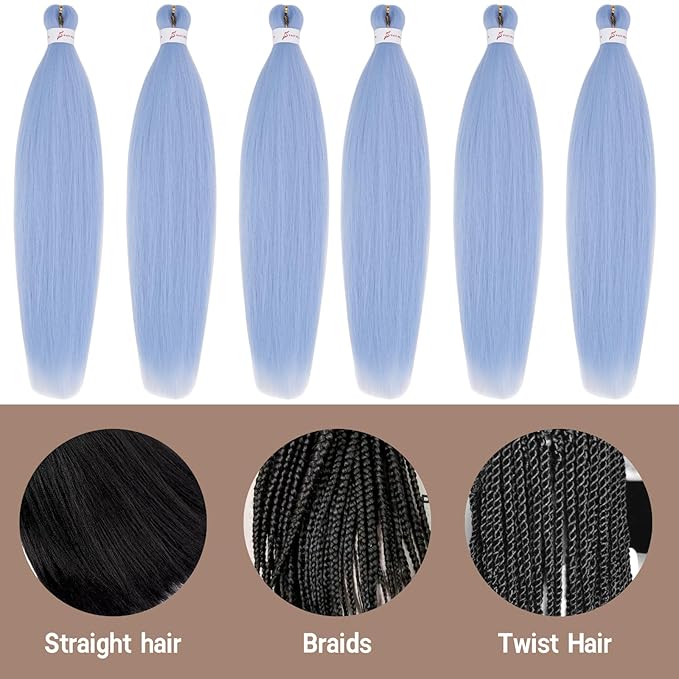 Sky Blue Braiding Hair Pre Stretched 24 Inch Braiding Hair 6 Packs Synthetic Fiber Crochet Hair Synthetic Crochet Braids(24Inch,Sky Blue#)
