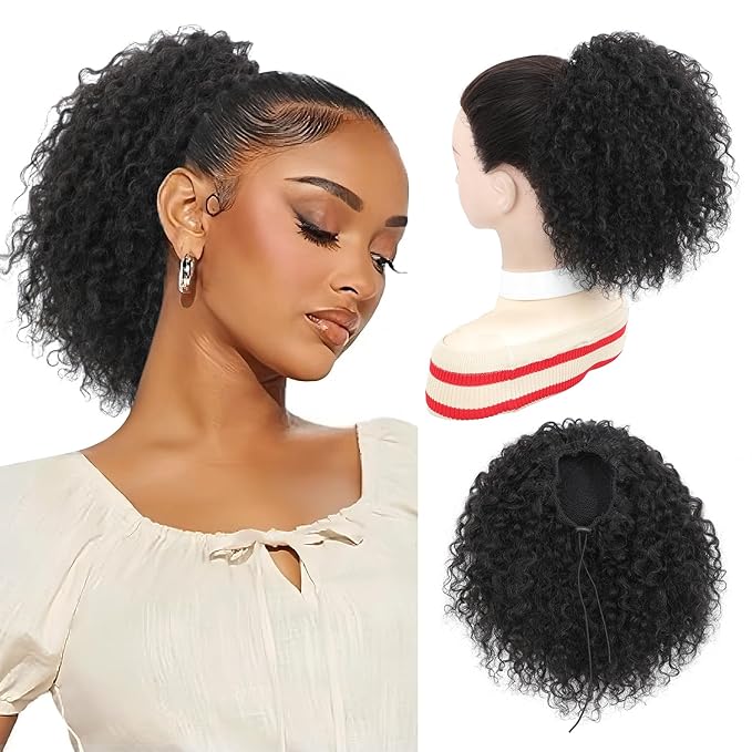 Drawstring Curly Ponytail Extensions for Black Women Protein Silk Fiber Human Hair Soft Feeling Afro Kinky Curly Hair Puff Pony tails Lightweight, Soft Natural Budget-Friendly for Daily Styles