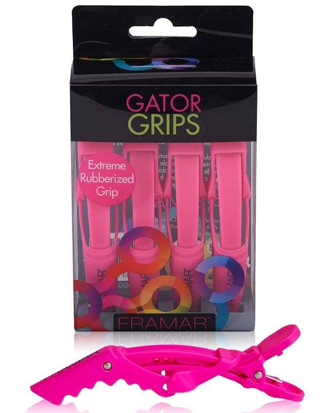 Framar Gator Grips Pink Styling Hair Clips - Professional Pink Hair Clips with Hair Styling and Sectioning, Rubberized - Wide Teeth & Durable for Hair Salon – 4 Pack