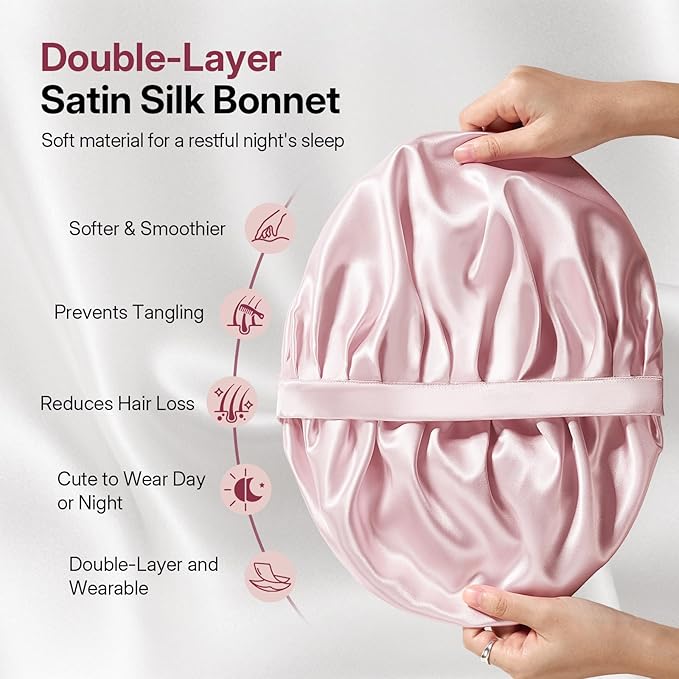 LitBear Silk Satin Bonnet for Sleeping Women, Adjustable Double Layer Hair Bonnet with Scrunchies for Curly Natural Hair, Non Slip Softer Night Sleep Cap Pink