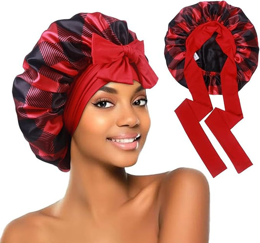 Buffalo Plaid Satin Sleep Bonnet, Double Layer Silky Red and Black Cap with Bow, Adjustable Hair Protection Headwear for Night