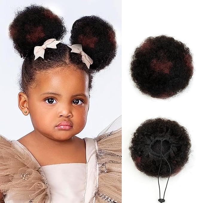 Baby Small Afro Puff Drawstring Ponytail Real Human Hair for Black Women Natural Short Kinky Curly Ponytail Extension African American Fake Bun 4c Children's Gifts Natural Black Mix Wine Red