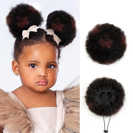 Baby Small Afro Puff Drawstring Ponytail Real Human Hair for Black Women Natural Short Kinky Curly Ponytail Extension African American Fake Bun 4c Children's Gifts Natural Black Mix Wine Red