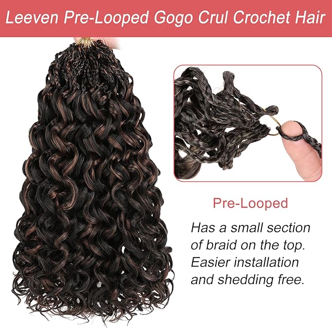 Leeven 14 Inch Curly Crochet Hair 8 Packs Gogo Curl Crochet Hair Black mix Brown Pre Looped Ocean Wave Crochet Braids Deep Twist Short Boho Braids Synthetic Hair for Women