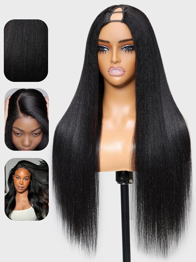 Julia Hair V Part Wig Human Hair Yaki Straight Glueless Wigs for Women 12A Briazilian Remy Hair Upgrade U Part Wig No Glue No Leave Out Beginner Friendly Natural Color 20 Inch Yaki Wig
