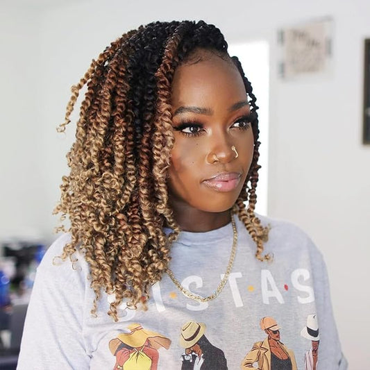 10 Inches 8 Packs Short Passion Twist Crochet Hair for Black Women and Kids-3 Tones Ombre Black to Brown Blonde, Pre Looped Pretwisted Crochet Hair Extension(10"-8 Packs,T1B/30/27)