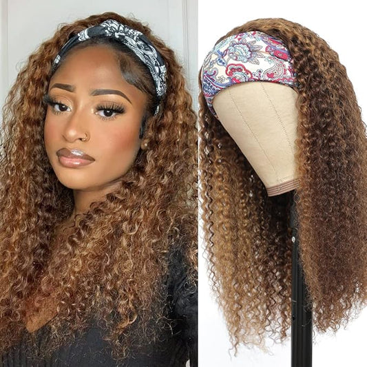 Eooma #4/30 Omber Headband Wig Curly Human Hair Wigs for Black Women 10A 180% Density Brazilian Kinky Curly Human Hair Headband Wigs Scarf No Gel Gluelees 22 Inch Remy Hair