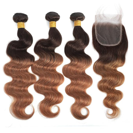 Body Wave Bundles With Closure Human Hair 2 Tone Ombre Hair 3 Bundles with 4x4 Lace Closure Brazilian Virgin Hair Bundle Body Wave Human Hair Bundles with Closure (T4/30,12 14 16+12" Closure)