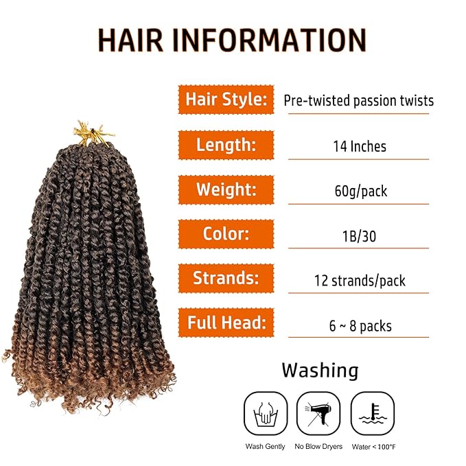 Passion Twist Hair 14 Inch Pre-twisted Passion Twist Crochet Hair for Women Pre-looped Water Wave Crochet Braids Bohemian Curly Crochet Hair Synthetic Hair Extensions 8 packs 1B/30