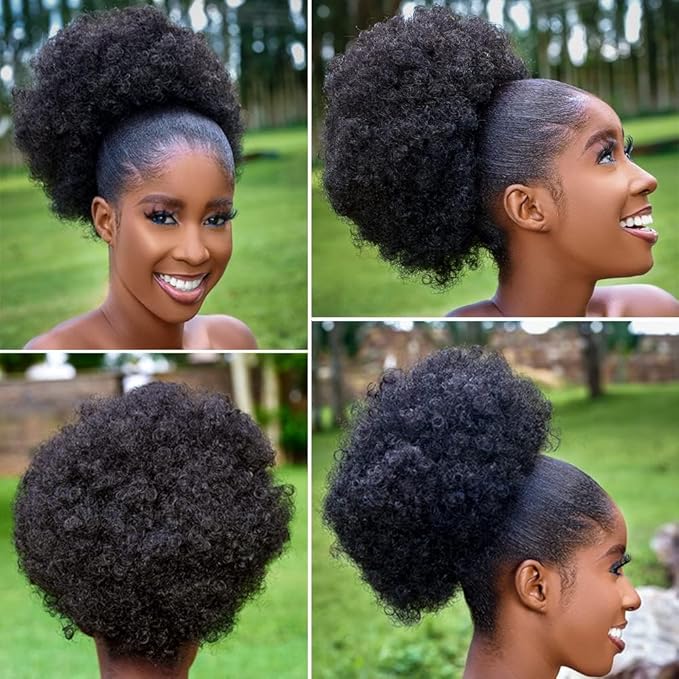 Afro Puff Drawstring Ponytail with Bangs ponytail extension for black women Short Curly Clip in Wrap Updo Hairpiece(1#) (No bangs, 1#)