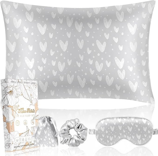 Mulberry Silk Pillow Case for Hair and Skin 19 Momme Standard 26"x20" Grey Silk Pillowcase with Eye Mask & Scrunchie Soft Silk Pillowcase Sleeping for Moms, Women