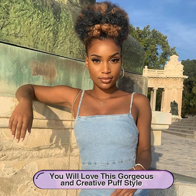 YEAME Afro Puff Drawstring Ponytail for Black Women, Short Kinky Curly Afro Ponytail Synthetic Hair Puffs, Premium Ombre Brown Afro Bun Drawstring Ponytail for Women Girls (1BH630 Ombre Brown)