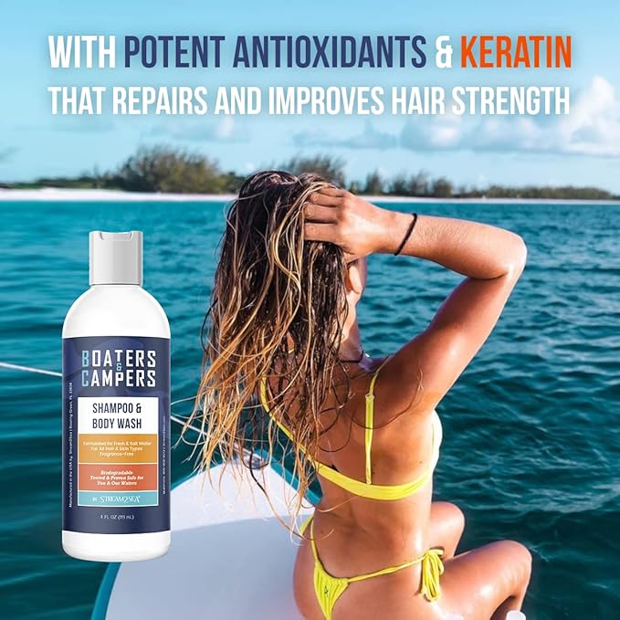 STREAM 2 SEA Boaters and Campers All Natural Hair Shampoo for Camping and Boating, 4 oz Reef Safe, Fragrance Free, Anti Frizz and Color Safe Shampoo, Paraben Free Hydrating Shampoo