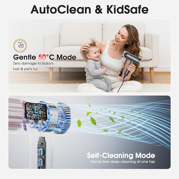 Hair Dryer with Magnetic Diffuser Attachments, Professional High Speed Ionic Blow Dryer for Fast Drying,9 Heat & 2 Speed Settings,Auto Clean and Cool Shot,Compact Hair Blow Dryer for Travel,Salon,Home