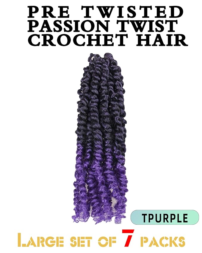 Passion Twist Crochet Hair for Black Women and Kids-10 Inch 7 Packs Pre Looped Pretwisted Ombre Purple Crochet Hair,Soft Hair Extensions Braided by Spring Kinky Twist Bohemian Curl(T1B/Purple)