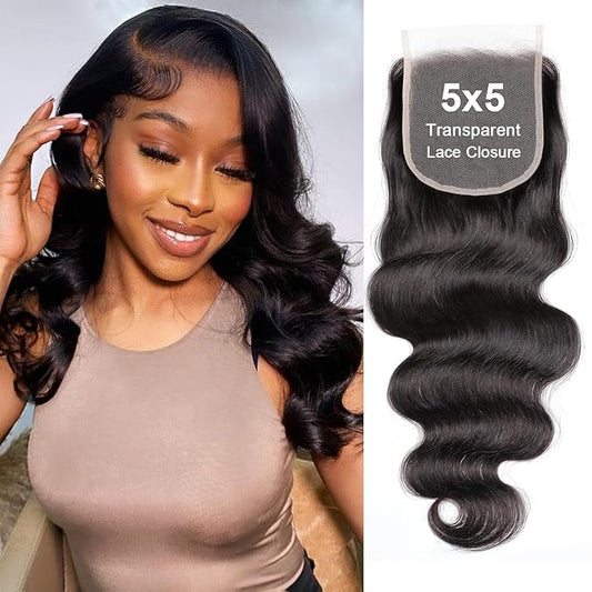 5x5 Body Wave Closure 5x5 Transparent Lace Closure 12A Virgin Remy Human Hair Closure Lace Frontal Closure Pre Plucked with Baby Hair Natural Black Color 12 Inch