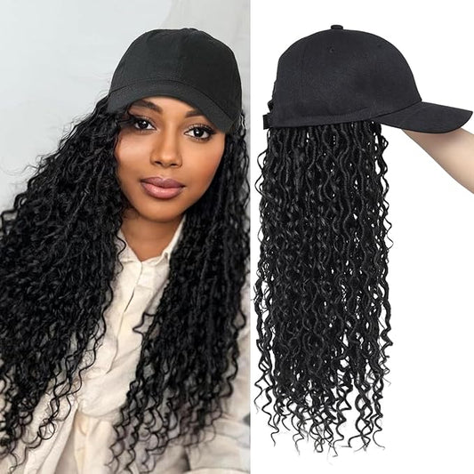 Braided Baseball Cap Wig Faux Locs Curly Braid Hair Extensions with Hat Black Color Synthetic Cap Wig with 18inch Long Locs Braiding Hair wig for Women (18inch 1B)