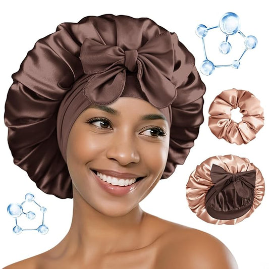 BONNET QUEEN Silk Bonnet for Sleeping Women HYALURONIC Acid Reversible Double Layer Satin Bonnet Night Sleep Cap Wrap for Curly Hair with Adjustable Tie Band & Scrunchie, Champagne & Brown