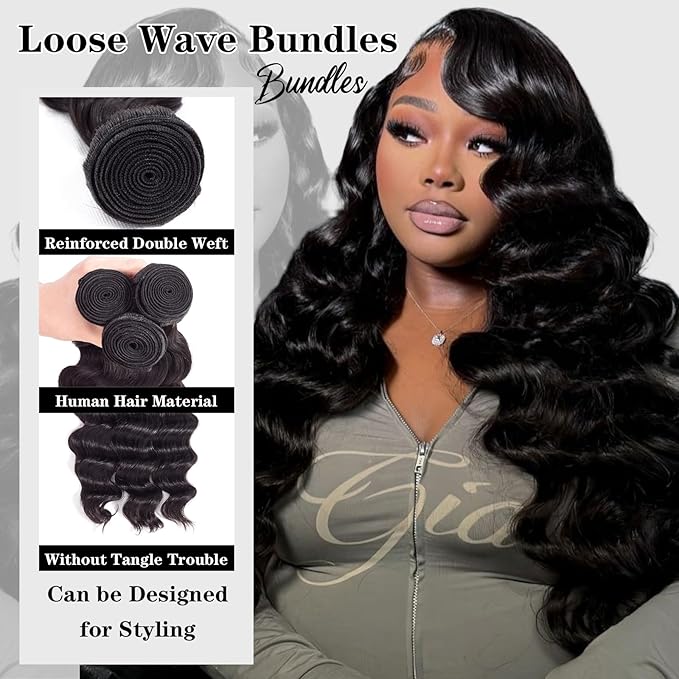 Loose Wave Human Hair Bundles (22 24 26 Inch) 12A Loose Deep Wave Bundles Human Hair 100% Unprocessed Brazilian Virgin Remy Hair Extension Natural Color