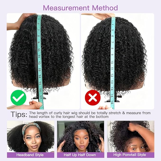 Ali Grace Kinky Curly Half Wig Human Hair 250% Density 3 In 1 Drawstring Seamless Flip Over Half Wigs For Women Glueless Wigs Beginner Friendly Half Curly Human Hair Wig 22 Inch (Black, 22inch)