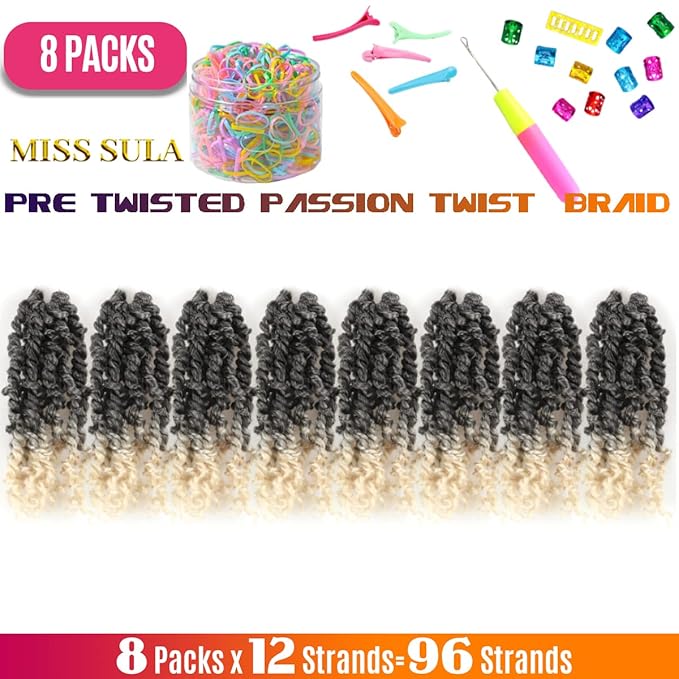 6 Inch 8 Packs Pretwisted Pre Looped Passion Twist Crochet Hair for Black Women and Kids-Ombre Grey to Blonde Off-white,3 Tones Synthetic Braided Hair Extensions(6 Inch-8 Packs,Gray/27/613)