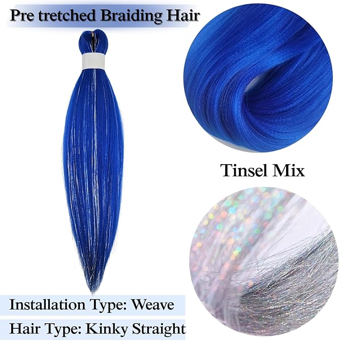 Tinsel Kids Braiding Hair Pre stretched Blue Braiding Hair for Glitter Braids Festival Braids Cosplay