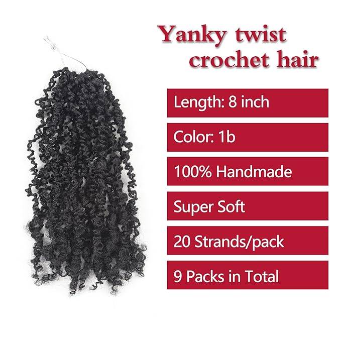 Yanky Twist Crochet Hair, PILLUGER Yaki Twists Hair Micro Spring Twist Braids,9 Packs Pre-looped passion Twist Brown Senegalese With Curls Crochet Synthetic Hair Extensions(1B)
