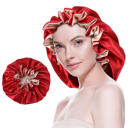 Silk Bonnet for Sleeping Satin Bonnets Double Layer Reversible Hair Cap Bonnet for Women Long Curly Braid Hair (Red)