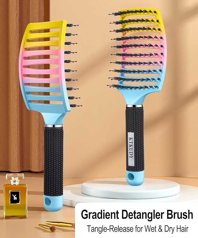 KTKUDY Detangling Brush Boar Bristles Hairbrush Make Hair Shiny & Healthier Curved and Vented Detangler Brush for Women Men Kids Wet & Dry Hair